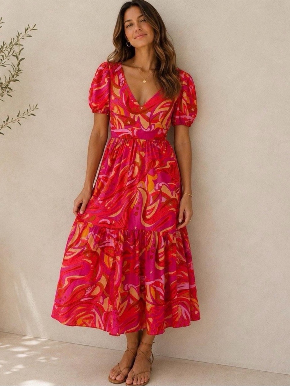 1. State Psychedelic Smocked Cutout Back Puff
Sleeve Maxi Dress- Size L
